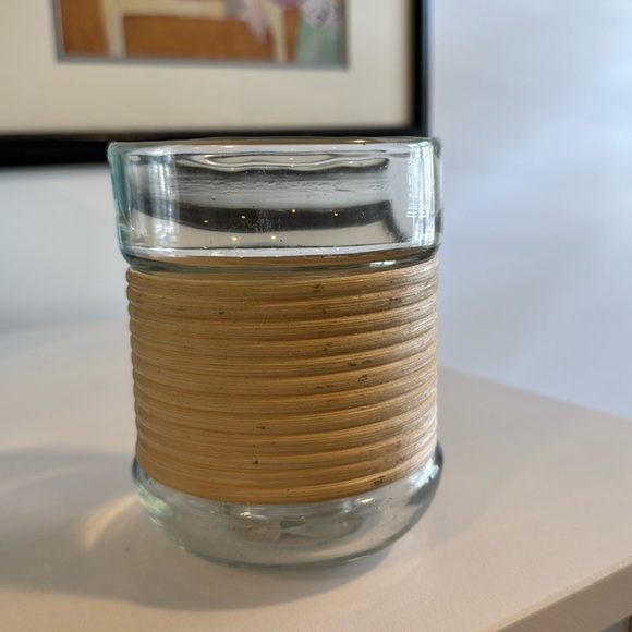 Pottery Barn Palm Woven Rattan and Glass Hurricane Candleholder - Picture 1 of 7